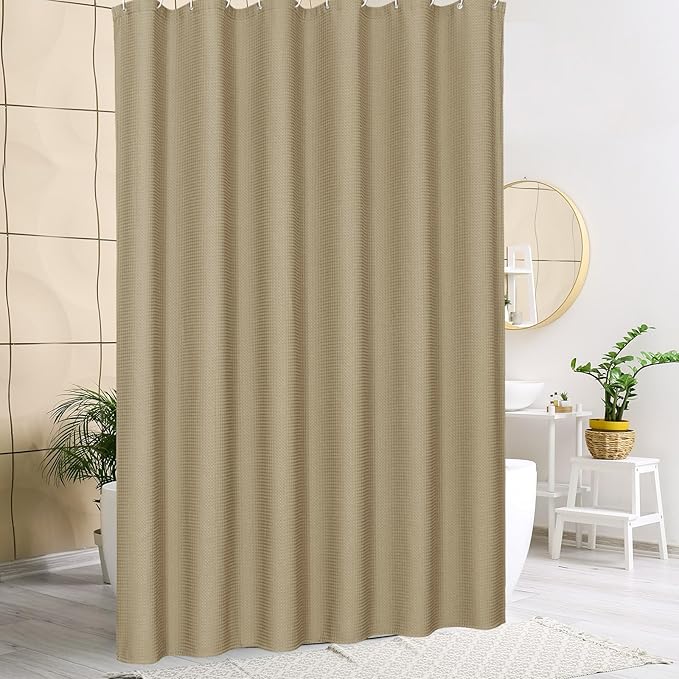MitoVilla Extra Long Waffle Shower Curtain 72 x 84, Tan Farmhouse Fabric 84 inch Shower Curtain, Taupe Modern XL Shower Curtains for Bathroom Decor, Weighted Shower Curtain Set with Hooks
