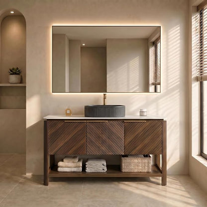 Yayzy 48 Inch Bathroom Vanity with Sink, Freestanding Dark Walnut Bathroom Cabinet, Matte Black Oval Vessel Sink, Carrara White Sintered Stone Countertop, Soft Close Doors, Open Storage Shelf