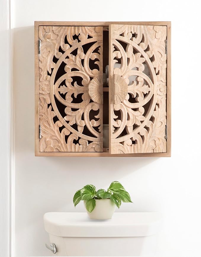 Kate and Laurel Saanvi Traditional Carved Wood Wall Cabinet, 20 x 6 x 20, Light Natural, Dimensional Over The Toilet Storage Cabinet for Bathroom Storage and Display