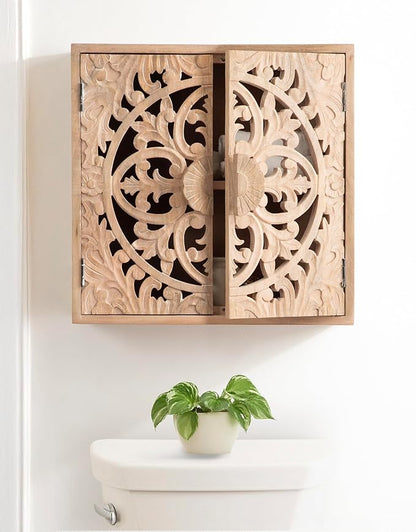 Kate and Laurel Saanvi Traditional Carved Wood Wall Cabinet, 20 x 6 x 20, Light Natural, Dimensional Over The Toilet Storage Cabinet for Bathroom Storage and Display