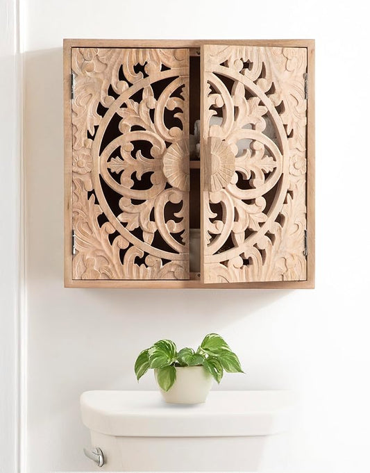Kate and Laurel Saanvi Traditional Carved Wood Wall Cabinet, 20 x 6 x 20, Light Natural, Dimensional Over The Toilet Storage Cabinet for Bathroom Storage and Display