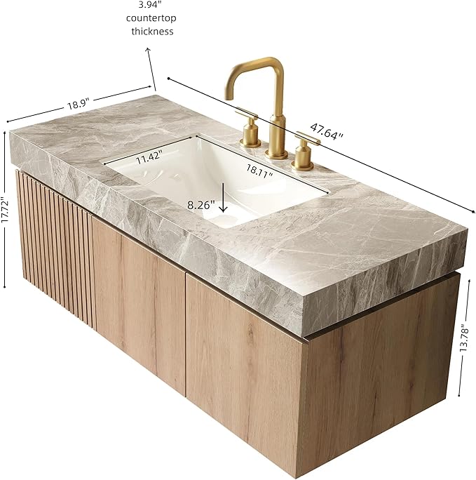 KEIKI 48 Inch Floating Bathroom Vanity with Sink, Modern Wall Mounted Storage Cabinet with Drawer, Pre-Assembled Waterproof Wood Panels, Sintered Stone Top & Ceramic Basin Combo Set, White Oak & Grey
