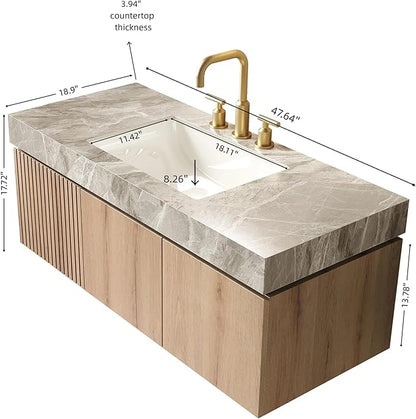 KEIKI 48 Inch Floating Bathroom Vanity with Sink, Modern Wall Mounted Storage Cabinet with Drawer, Pre-Assembled Waterproof Wood Panels, Sintered Stone Top & Ceramic Basin Combo Set, White Oak & Grey