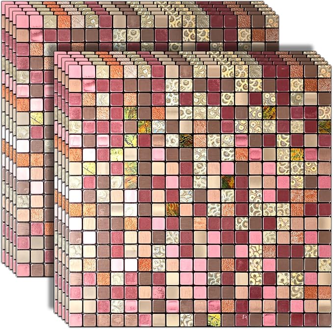 10 Sheets Peel and Stick Backsplash Tile for Kitchen, Self Adhesive wall Tiles, Stick on Bathroom Vanities, Fireplace Decor, Laundry Table (Red Mixed)
