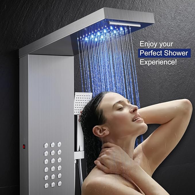 ROVATE LED Shower Panel Tower System, Rainfall Waterfall Shower Tower with Jets and Handheld, 5 in 1 Brushed Stainless Steel High Pressure Shower Column with Tub Spout
