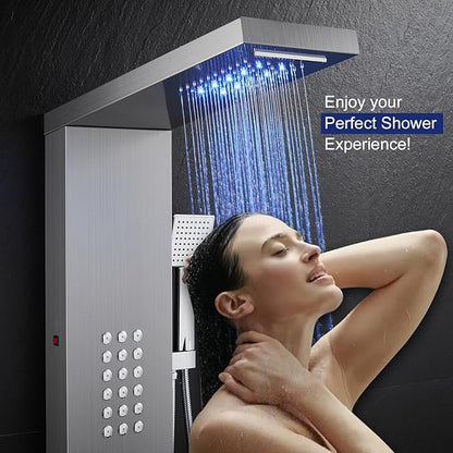 ROVATE LED Shower Panel Tower System, Rainfall Waterfall Shower Tower with Jets and Handheld, 5 in 1 Brushed Stainless Steel High Pressure Shower Column with Tub Spout