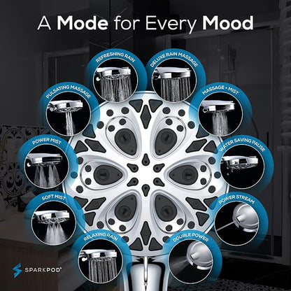 SparkPod 10-Mode Handheld Shower Head, 5 Inch, Polished Chrome Finish | Power Jet Spray, ABS Body Won't Rust, 6 ft. Stainless Hose, Touch-to-Clean Nozzles