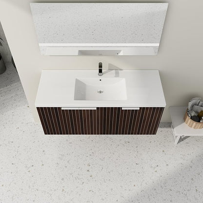 SSLine Wall Mounted Bathroom Vanity with Sink Combo Modern 48-Inch Single Bathroom Vanity Set with Top Basin &Storage Cabinet Wood Hanging Bath Cabinet w/Resin Sink(Dark Brown Stripe)