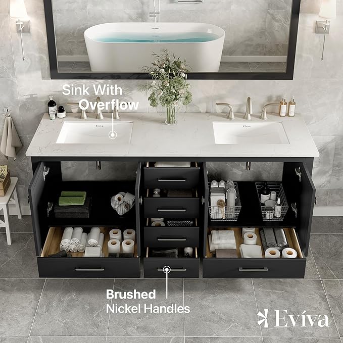 Eviva Aberdeen 72 in. Espresso Double Sink Bath Vanity with Carrara Quartz Top and Undermount Porcelain Sinks