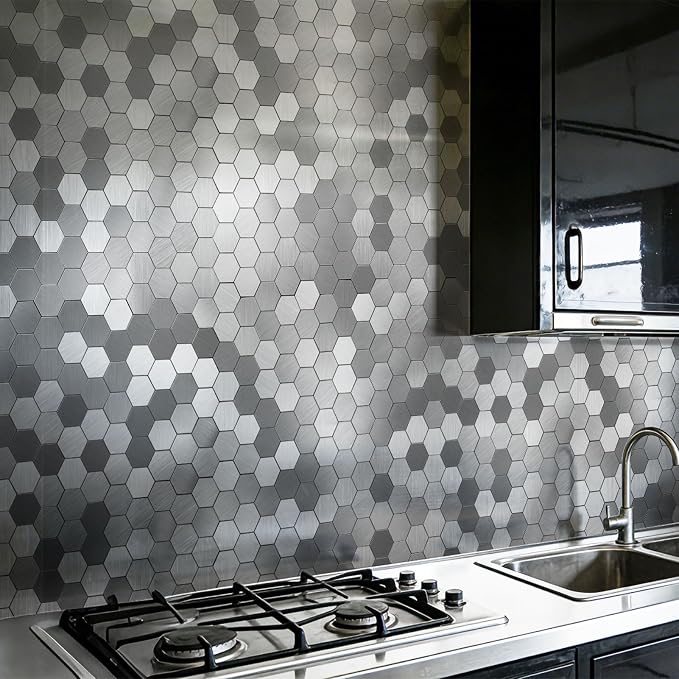 Art3d 10-Pack Metal Peel and Stick Backsplash Tile, Silver Hexagon | 12" x 12", Stainless Steel, Self Adhesive, Anti-Corrosion, Waterproof, Lightweight, Ideal for Kitchens, Bathrooms
