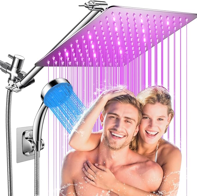 LED Shower Head, 12" LED Shower Head with Color Changing Lights Handheld | High Pressure Rainfall Shower Head Combo, Chrome Stainless Steel & 11" Flexible Curved Arm, 60" Hose