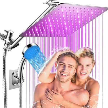 LED Shower Head, 12" LED Shower Head with Color Changing Lights Handheld | High Pressure Rainfall Shower Head Combo, Chrome Stainless Steel & 11" Flexible Curved Arm, 60" Hose