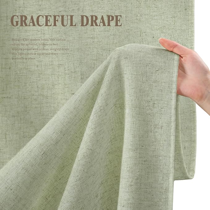 Linen Shower Curtain Flax Green, Fabric Boho Farmhouse Shower Curtains for Bathroom Cotton Natural Cloth Liner Set 54" W x 72" L