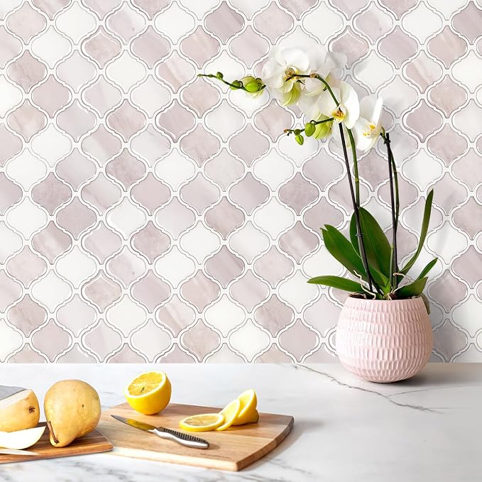 STICKGOO Arabesque Peel and Stick Backsplash, 12”X12” Backsplash Tile for Kitchen Peel and Stick, Self Adhesive Wall Tile Stick on Tiles (Pink Beige White)