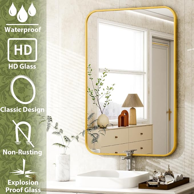 Easly 20 x 28 Inch Bathroom Mirror, Rounded Rectangular Vanity Mirror for Wall, Modern Mirror for Room Decor, Gold Framed Wall-Mounted Mirrors for Home Decor, Hangs Horizontally or Vertically