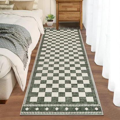 Garvee Washable 2x6 Runner Rug Checkered Sage Green Non Slip Kitchen Rugs | Low Pile Entryway Rug Soft Bathroom Rugs Stain Resistant Carpet for Bedroom Hallway Laundry 2'x6' Sage Green