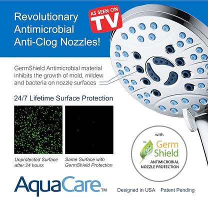 AquaCare 50-mode High Pressure 7 inch Shower Head Combo w/Dual Power Wash | Hygienic Jets, 2-mode Handheld Power Wash for Tub, Tile & Pets, Long 6 ft. Stainless Steel Hose, Extra Wall Bracket / Chrome