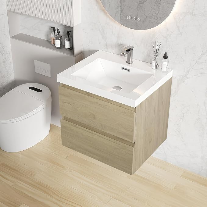 24 Inch Floating Bathroom Vanity with Sink, Large Storage Wall Mounted Floating Vanity with Soft Close Drawers, One-Piece Basin Bathroom Sink Cabinet (Natural Oak, 24")