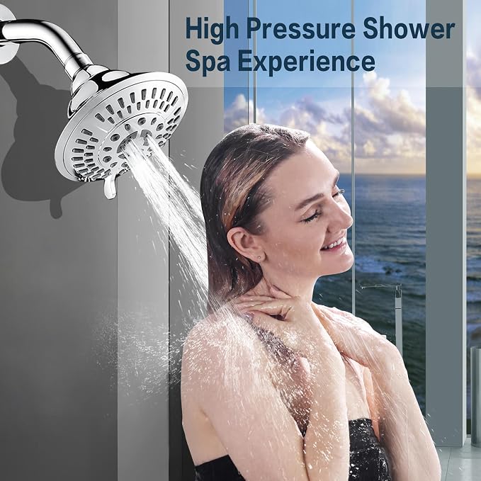 BRIGHT SHOWERS High Pressure Rain Shower Head, Fixed Shower Head with 5 Spray Settings, Adjustable Angle and Anti-Clog Nozzles, Chrome