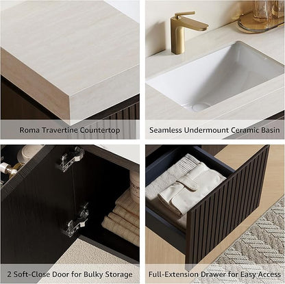 48” Floating Bathroom Vanity with Sink, Wall-Mounted Cabinet with Drawer & Doors, Roma Travertine-Pattern Countertop, Undermount Basin, Single Faucet Hole, Soft-Close, Pre-Assembled, Dark Oak