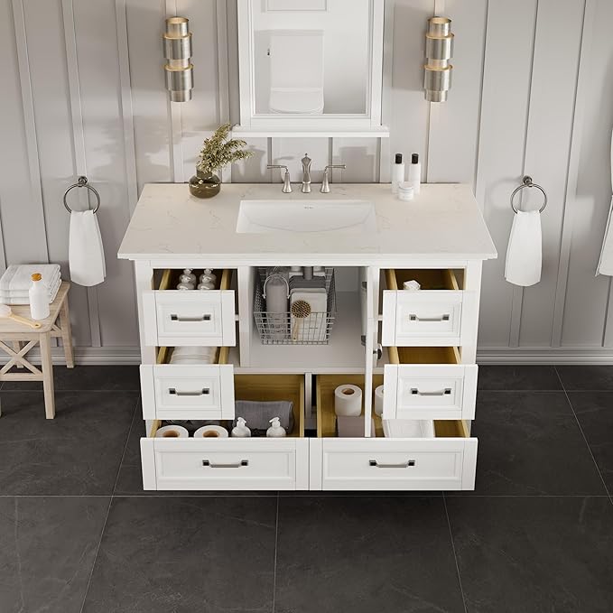 Eviva Britney 42 Inch Vanity with Top - White 42 Bathroom Vanity with Sink and Countertop White Carrara Quartz & Porcelain Sink Combo for Bathroom Sink Cabinet