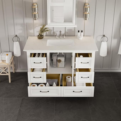 Eviva Britney 42 Inch Vanity with Top - White 42 Bathroom Vanity with Sink and Countertop White Carrara Quartz & Porcelain Sink Combo for Bathroom Sink Cabinet
