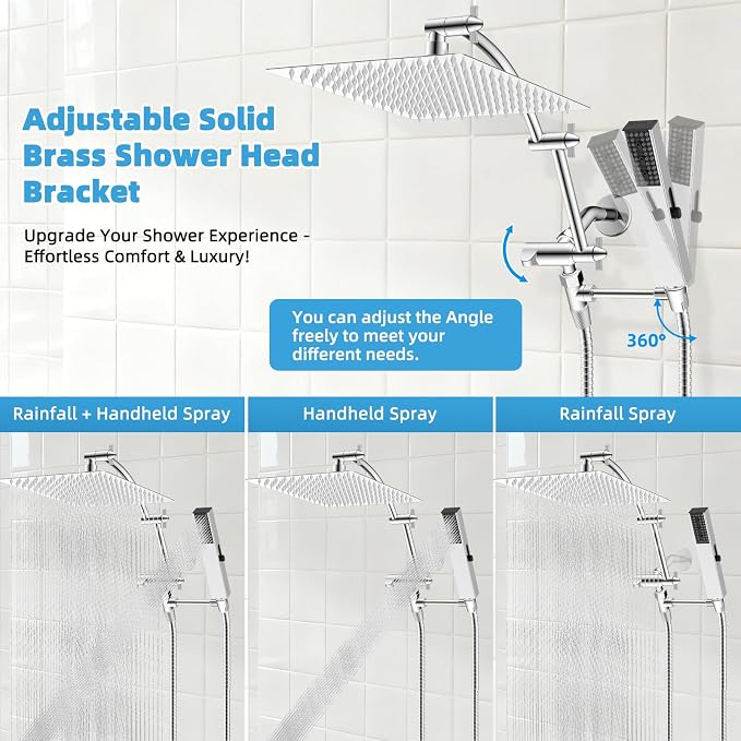 Hibbent All Metal CUPC Certified 12'' Rainfall Shower Head, Dual Shower Head Combo with 4 Handheld Sprays, High Pressure Shower Wand, 16'' Adjustable Extension Arm, 71'' Hose, Shower Holder, Chrome