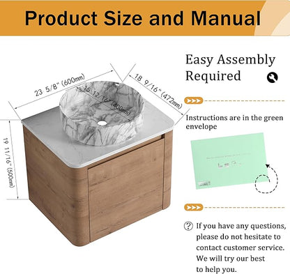 Malwee 24" Floating Bathroom Vanity with Sink, 24 Inch Wall Mounted Bathroom Cabinet Combo, Modern Single Sink Bath Storage Vanity Set, with 1 Soft Close Door and Ceramic Vessel Basin Top(24-QQ