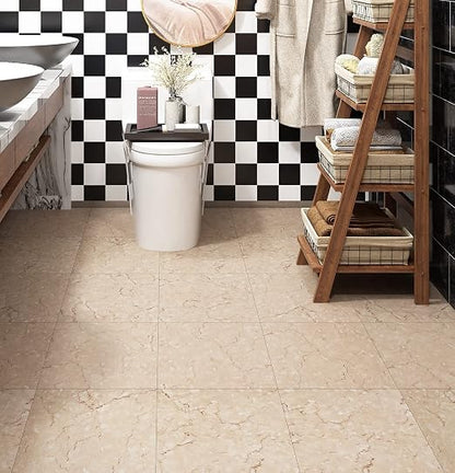 Livelynine Floor Tiles Peel and Stick Waterproof Vinyl Flooring Sheet Earthy Stick on Floor Tile Bathroom Flooring Tiles Sticky Laminate Farmhouse Neutral Kitchen 12x12 4-Pack Tan Beige Marble Brown