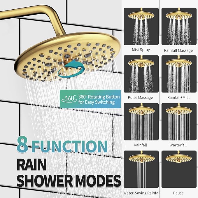 SR SUN RISE Shower Faucet - 10 Inch Multifunctional High Pressure Shower Head System with Handheld Shower Head Fixtures - Valve Included - Brushed Gold