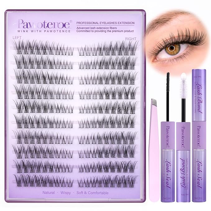 Wispy Lash Clusters Kit Cat Eye Lash Extension Kit 180pcs Natural Individual Lashes Left Right Cluster Eyelash Extensions Kit with Lash Bond and Seal, Lash Tweezers for Self Application