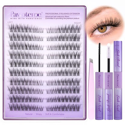 Wispy Lash Clusters Kit Cat Eye Lash Extension Kit 180pcs Natural Individual Lashes Left Right Cluster Eyelash Extensions Kit with Lash Bond and Seal, Lash Tweezers for Self Application