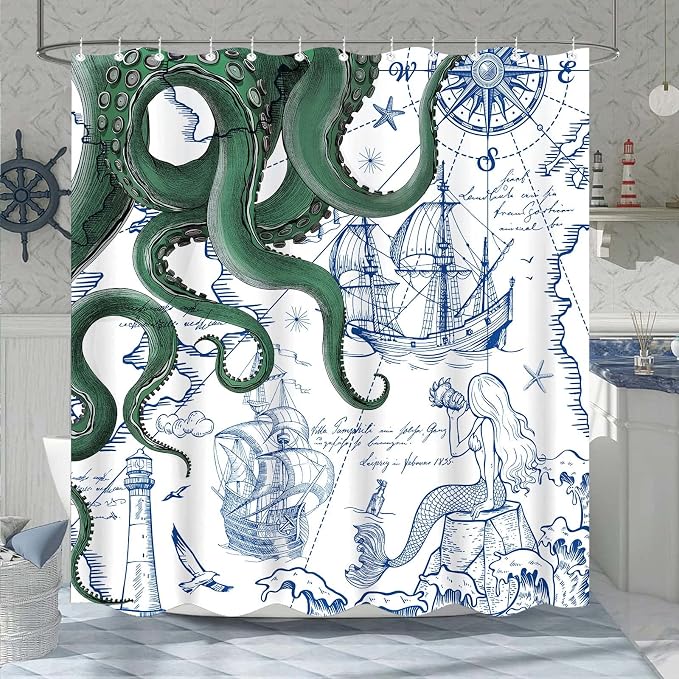 Fungarth Green Nautical Octopus Shower Curtain Navy Blue Mermaid Funny Ocean Kraken Shower Curtains for Bathroom Anchor Coastal Map Waterproof Fabric Bath Curtain Decor with Hooks (Green, 72” x 72”)