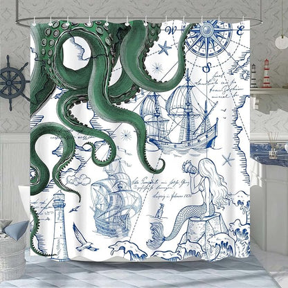 Fungarth Green Nautical Octopus Shower Curtain Navy Blue Mermaid Funny Ocean Kraken Shower Curtains for Bathroom Anchor Coastal Map Waterproof Fabric Bath Curtain Decor with Hooks (Green, 72” x 72”)