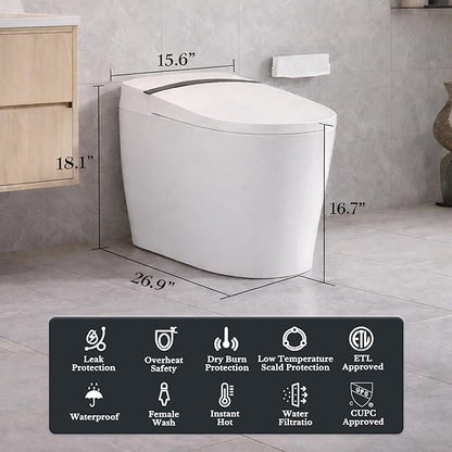 Smart Toilet with Bidet Built In, One Piece Elongated Toilet with Tank, Pump-Assisted Flush, Heated Seat, Warm Water Wash & Air Dryer, Foot Sensor Flush, LED Display
