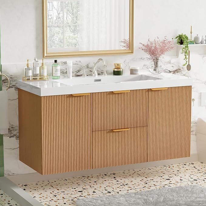 48'' Floating Bathroom Vanity with Sink, Wall-Mounted Cabinet | Painted Surface Wall Mounted Bathroom Vanity Cabinet, Soft Closing System, SMC Vanity Top for Hotels, Office Buildings