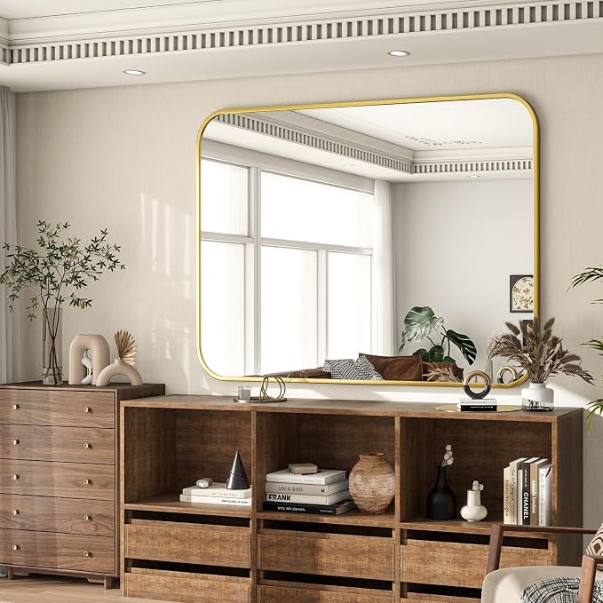30x40 Inch Gold Bathroom Vanity Mirror for Over Sink | Rectangle Wall Mirror for Bathroom with Round Corner, Hangs Horizontally Vertically for Living Room, Bedroom as Home Decor