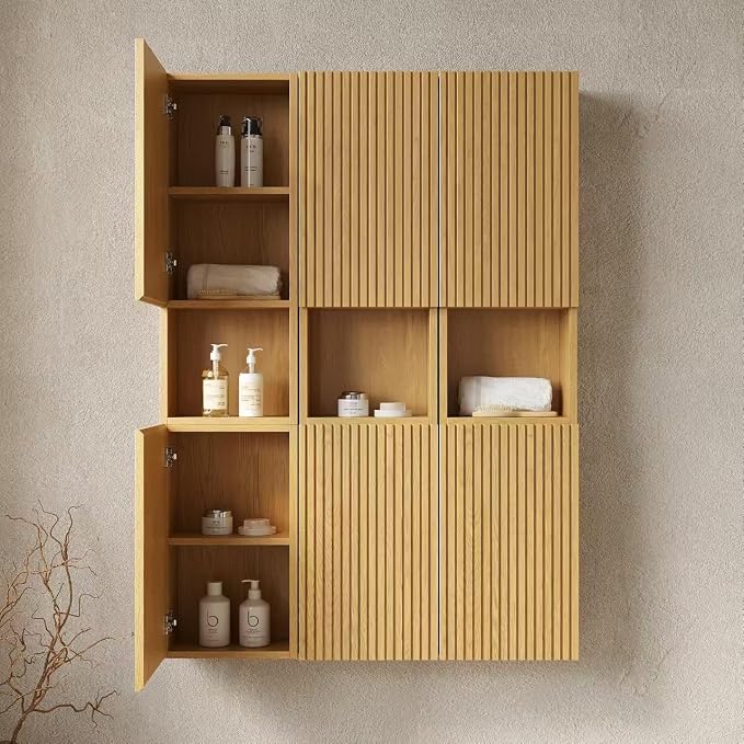 KEIKI Bathroom Wall Cabinet with Soft-Close Doors & Open Shelf, Golden Oak | Premium Wood Medicine Cabinet, Floating Storage Cabinet for Bathroom Kitchen Laundry Room