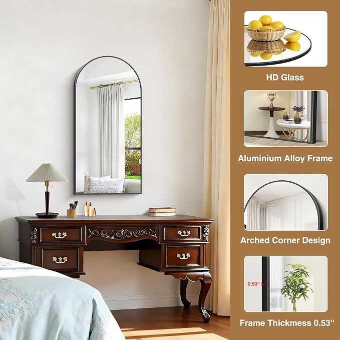 COFENY Arched Mirror, 18’’x36’’ Black Arch Mirror for Bathroom, Arched Bathroom Mirror with Frame, Modern Wall Mounted Mirror for Over Sink Mantle Bedroom Vanity Living Room Entryway