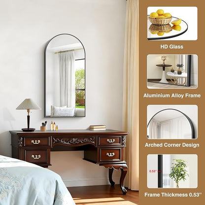 COFENY Arched Mirror, 18’’x36’’ Black Arch Mirror for Bathroom, Arched Bathroom Mirror with Frame, Modern Wall Mounted Mirror for Over Sink Mantle Bedroom Vanity Living Room Entryway