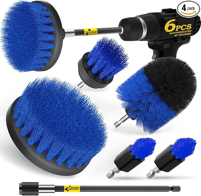 Holikme 6Pc Drill Brush Set - Scrub Brushes with Extension for Home Clean | 5 Head Sizes, Blue Nylon Fibers, Power Scrubber Attachments for Tile, Tub, Shower, Floors, Kitchen and Auto Interior Care