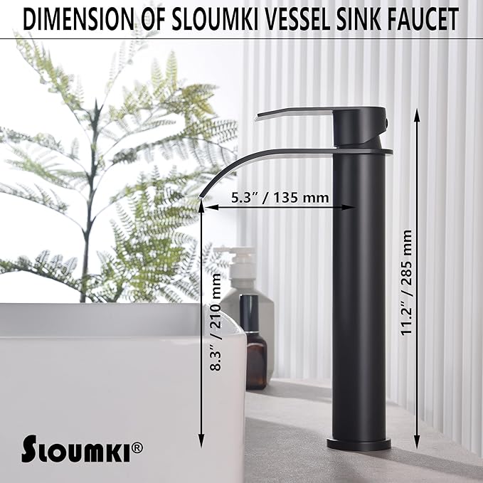 Matte Black Vessel Sink Faucet, High Bathroom Bowl Sink Faucet, Tall Waterfall Bathroom Faucet Single Handle with Hot and Cold Water Hose and Metal Drain
