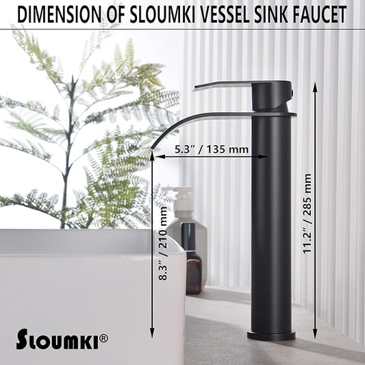 Matte Black Vessel Sink Faucet, High Bathroom Bowl Sink Faucet, Tall Waterfall Bathroom Faucet Single Handle with Hot and Cold Water Hose and Metal Drain