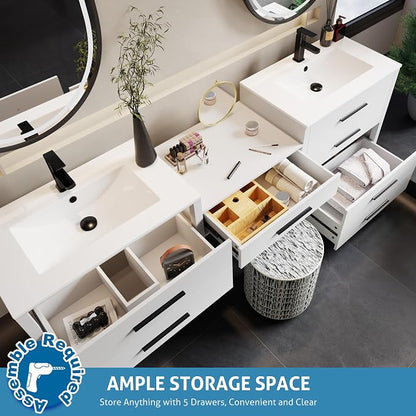 eclife 84" Bathroom Vanity Sink Combo, Modern Painted Vanities Storage Cabinet with 24" Mid Makeup Vanity Desk, 30" Dual White Basins, Faucets & Drains, White
