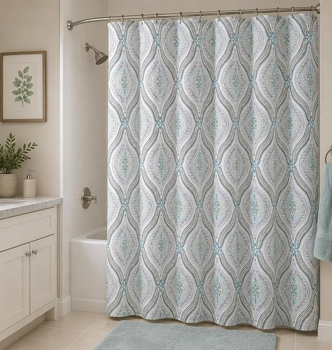 Beige Floral Damask Paisley Fabric Bathroom Shower Curtain, 70" x 72" | Elegant Modern Fabric with Hues of Beige Green Taupe, Luxury Hotel Rustic Boho Farmhouse Décor