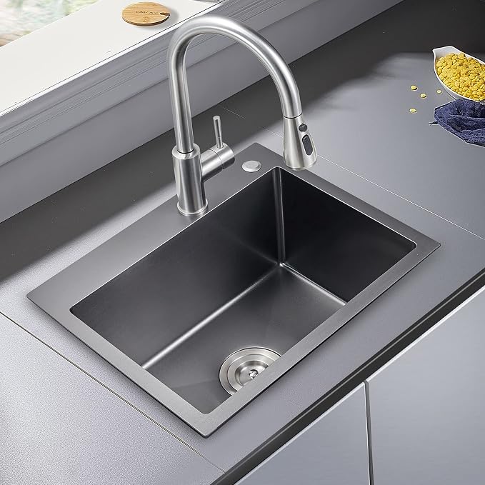 Black Topmount Kitchen Sink - 22”×18” Single Bowl Sink | 9 Inch Deep Handmade Bar Sink with Strainer, Stainless Steel 304, Center Drain, X-Groove Drainage, Sound-Dampening Pad