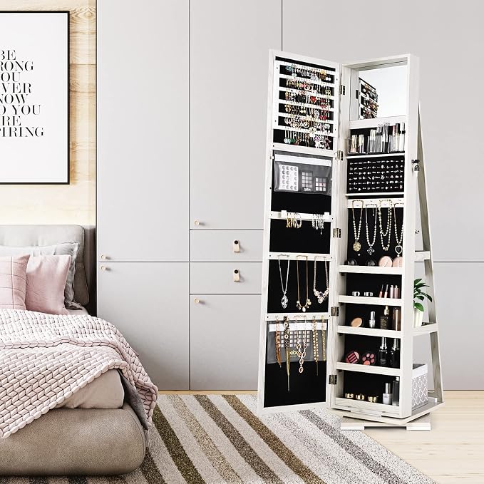 COSTWAY 360 Rotating Jewelry Armoire Cabinet, Standing Jewelry Organizer w/Full-Length Mirror & Large Storage Space, Lockable Mirror Jewelry Cabinet for Girls Women (White)