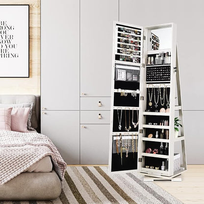 COSTWAY 360 Rotating Jewelry Armoire Cabinet, Standing Jewelry Organizer w/Full-Length Mirror & Large Storage Space, Lockable Mirror Jewelry Cabinet for Girls Women (White)