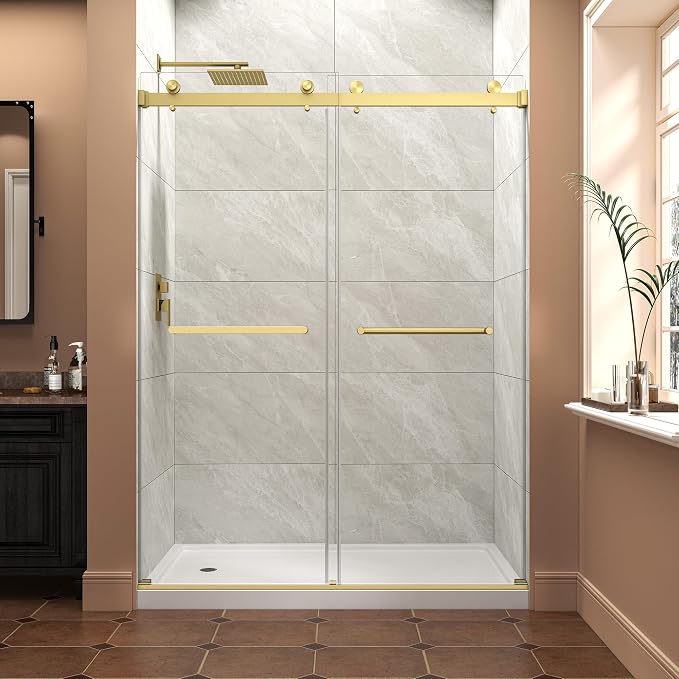 Frameless Shower Door,55-60" W x 76" H Sliding Glass Shower Door,5/16"(8mm) Thick Tempered Clear Glass with Explosion-Proof Film Nano Coating,Waterproof Strip,Brushed Gold
