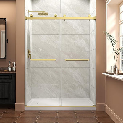 Frameless Shower Door,55-60" W x 76" H Sliding Glass Shower Door,5/16"(8mm) Thick Tempered Clear Glass with Explosion-Proof Film Nano Coating,Waterproof Strip,Brushed Gold